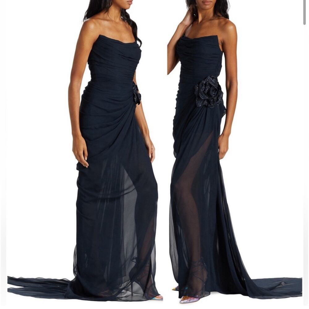 Oscar de la Renta Strapless Floral Appliqué Gown Navy Long Maxi Dress Crystal